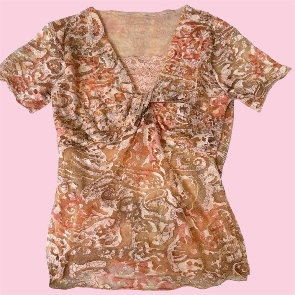 Y2K euro brown and beige burnout paisley print blouse with twist front